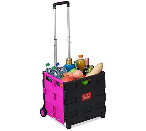 Relaxdays Carrello Portaspesa Pieghevole,Manico Telescopico,2 Ruote Gomma,fino a 35 kg,Trolley Spesa, Alluminio, Rosa