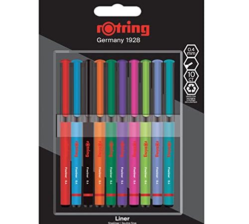 rOtring Penne a punta fine, 0,4 mm, penne da colorare per scrittura e disegno, confezione senza plastica, colori assortiti, 10 pezzi