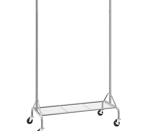 SONGMICS Stand Appendiabiti Attaccapanni in Metallo Cromato con Ruote, Portata Fino a 50 kg, Argento, (110,5-150,5) x 160 x 48,5 cm HSR02S