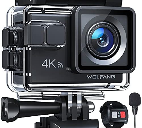 WOLFANG Action Cam GA100 4K 30FPS, 20MP WiFi PC Camera, Fotocamera per Casco, Subacquea 40M Impermeabile Videocamera, EIS, Telecomando2.4G, Mic Esterno,2x1050mAh Batterie e Accessori di Montaggio