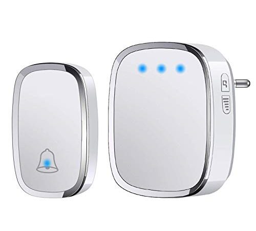 YYQ Campanello Senza Fili da Esterno Impermeabile IP44, Wireless Doorbell con Raggio d’Azione 300M, Indicatore LED, 1 Trasmettitore Pulsante e 1 Ricevitore, 5 Volume Regolabile, 36 Suonerie (Bianco)